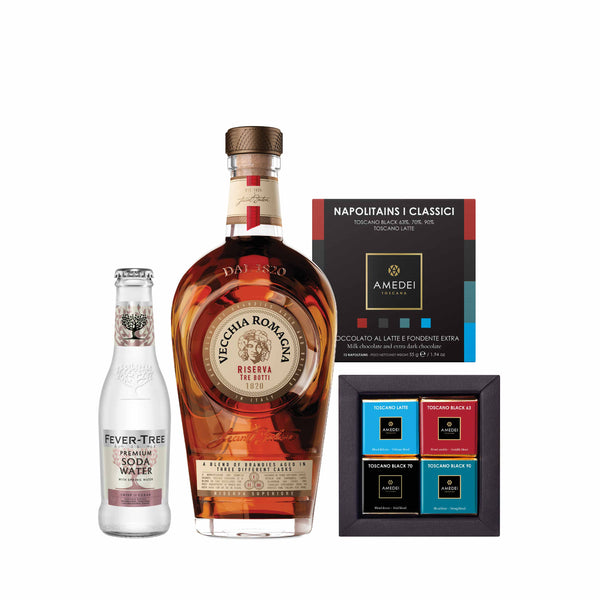 $1000 Gift Set - Vecchia Romagna Riserva Tre Botti + Fever Tree Soda Water + AMEDEI SELEZIONI I Classic (12pcs)
